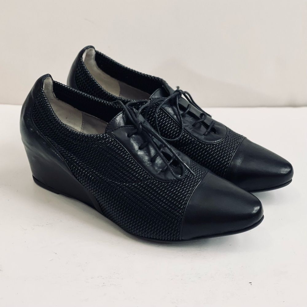 Aquatalia by Marvin K Sacchetto Black Woven Leather Pandora Wedge Pump Sz 10 - Picture 3 of 12